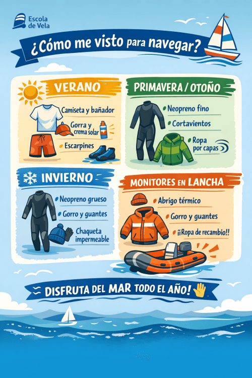 Guía visual del CNJ: qué ropa llevar a navegar en verano, primavera/otoño, invierno y para los monitores en lancha.